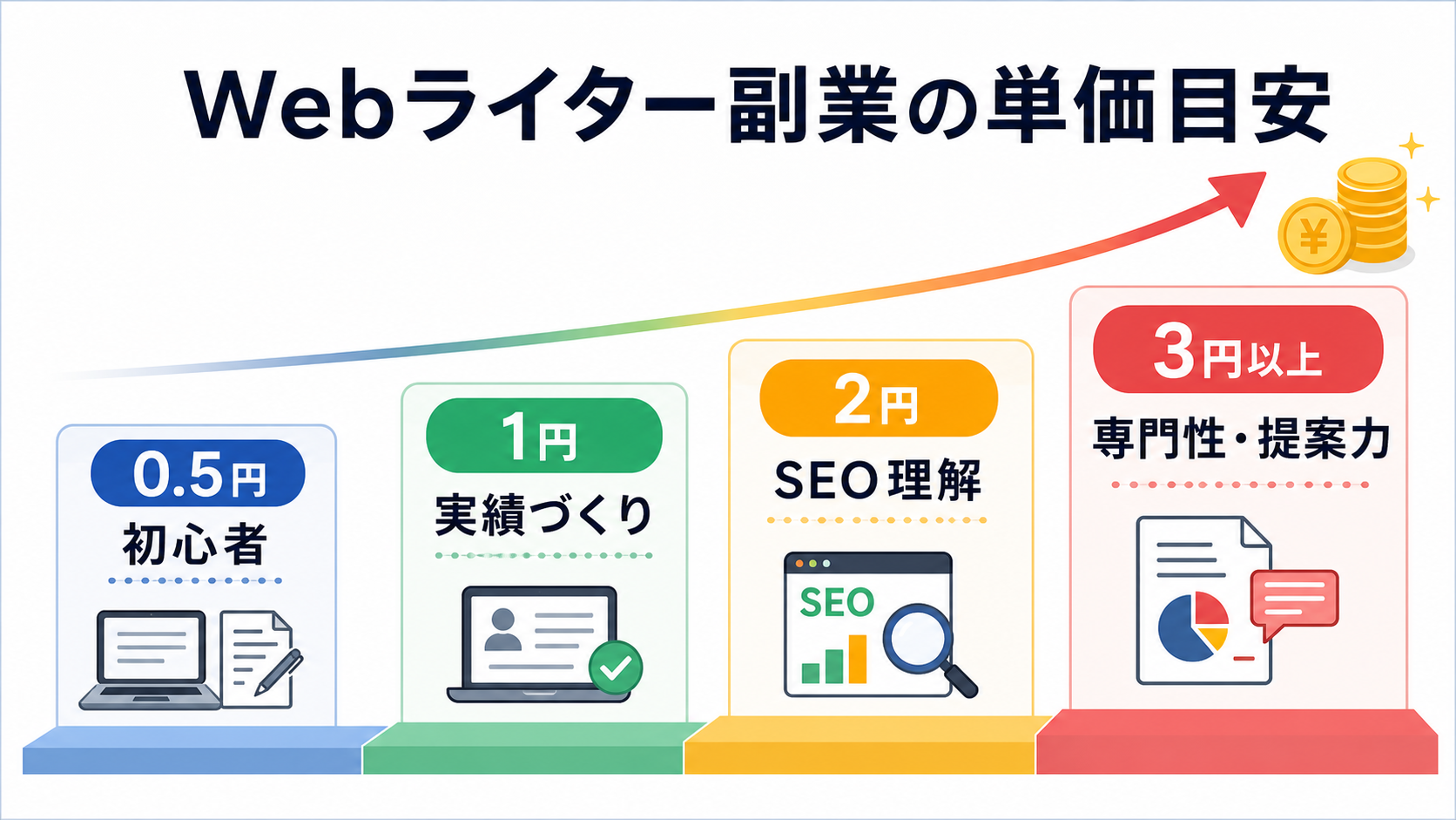 未経験Webライター副業の文字単価目安。0.5円、1円、2円、3円以上で必要なスキルを整理した図解