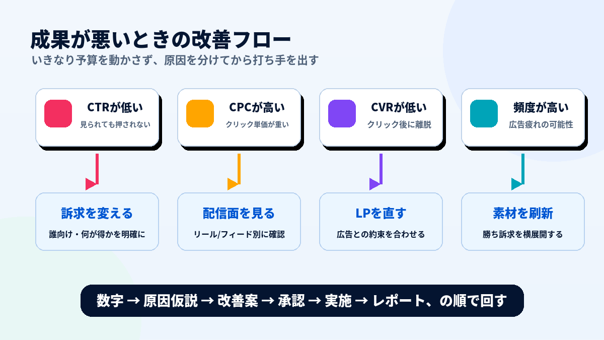 Meta広告の成果が悪いときの改善フロー。CTR、CPC、CVR、頻度から改善案へつなげる